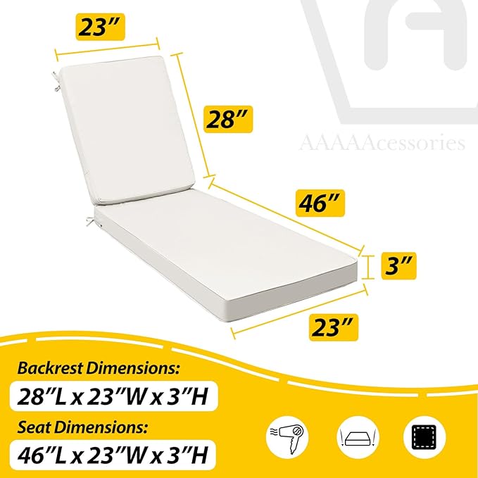 AAAAAcessories Outdoor Chaise Lounge Cushions, Fade-Resistant, Waterproof Patio Furniture Replacement Cushions, 74" x 23" x 3", Creamy White