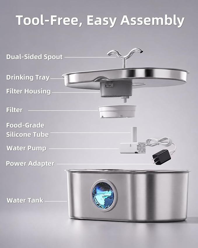 Dog Water Fountain, 270 oz / 2 Gallon / 8 L Stainless Steel Water Fountain for Indoor Multi-Pet Homes, Automatic Water Dispenser for Dogs & Cats, 6 Filters & Sponges Included