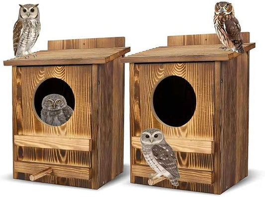 2PCS Owl Houses for Outdoors, 16.1x11.8x9.5-inch Large Carbonized Owl Nesting Boxes for Outside, Waterproof & Ventilated Design， Designed Specifically for Owls and Wildlife Nesting