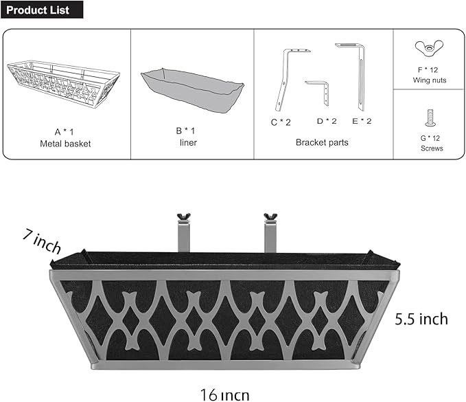 2 Pack 16 Inch Window Boxes Planters Railing Planter Box with Adjustable Brackets & Non-Woven Fabric Plant Grow Bags Deck Railing Planter Boxes Balcony Hanging Flower Box for Outdoor Plants