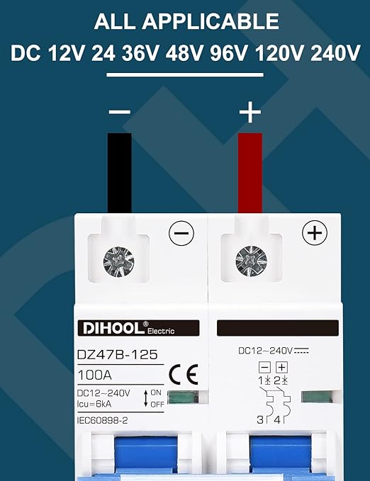 DIHOOL DC Circuit Breaker,100A 2 Pole,12V to 240 Volt Solar Disconnect Switch,DIN Rail Mount