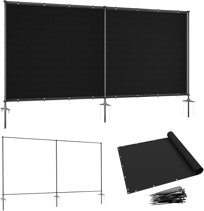 6' x 10' Black Outdoor Privacy Screen Freestanding 240 GSM Privacy Fence Panels for Outside, Pool Fences with Poles, Backyard Temporary Fencing, Privacy Wall Ground Pole Fence