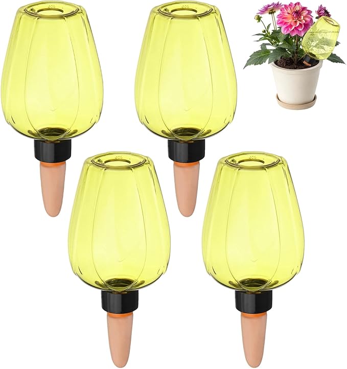 M METERXITY 4-Pack Plant Self Watering Globes, 6.8 oz Plastic Rose Water Bulbs Top Fill for Indoor/Outdoor Plants, Self Watering Spikes Slow Release Terracotta [Yellow]