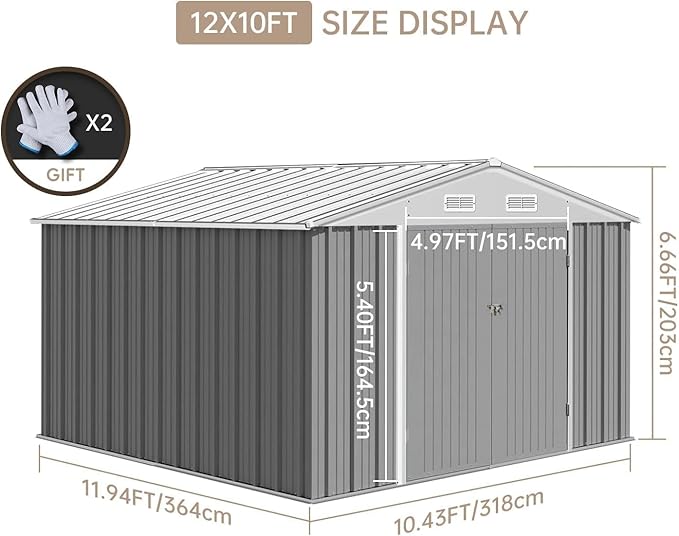 12X10FT Metal Outdoor Storage Shed, Galvanized Steel Garden Tool Shed with with Lockable Door & Vents,Waterproof All-Weather Utility Tool Shed for Lawn Mower, Bike