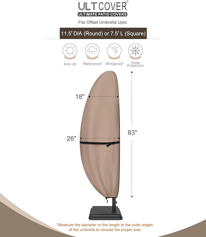 ULTCOVER Patio Parasol 600D Waterproof Outdoor Offset Banana Style Umbrella Cover - Fits Cantilever Offset Umbrella 7.5-11.5 Feet