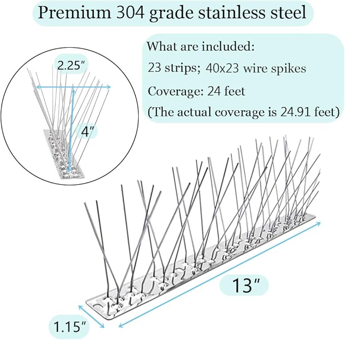 PANGCH Bird Spikes,Stainless Steel Bird Spikes Metal Bird Spikes Fence Spikes Easy to Install - 23 Strips 24.91 Feet Coverage