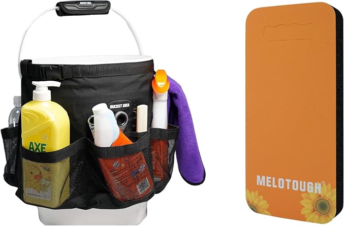 MELOTOUGH Bucket Car Wash Tool Organizer for Garden Cleaning bucket organizer Water-resistant Mesh Pockets, Garden Kneeling Pad, 1" Thick Soft NBR Foam Kneeling Pads for Gardening, Cleaning, Work