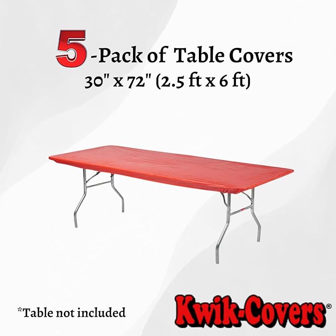 Kwik-Covers 6' Rectangle Plastic Table Covers 30" x 72", Bundle of 5 (Red)
