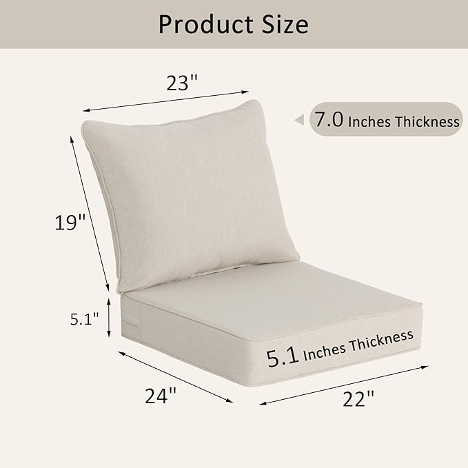 COZYVIDA Outdoor Deep Seat Cushion Set of 2, 22"x24" Seat & 23"x19" Back, C0 Water-Resistant Breathable Fabric, UV-Resistant 1000+ Hrs, 30D Foam with Recycled Fiber Fill,Putty