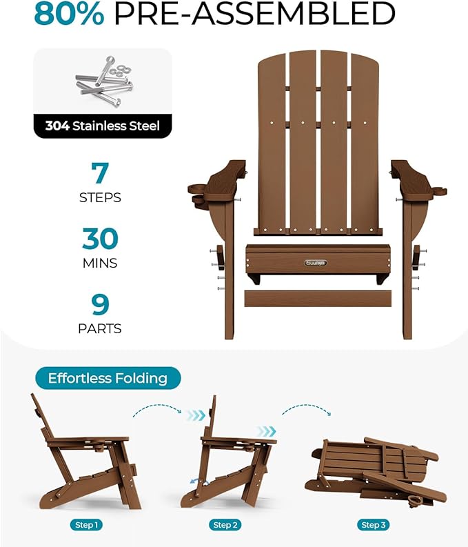 Folding Adirondack Chair 2 Pack, HDPE All-Weather Fire Pit Chairs, Plastic Adirondack Chairs with 2 Cup Holder, Outdoor Lawn Chair for Patio Garden (Brown)