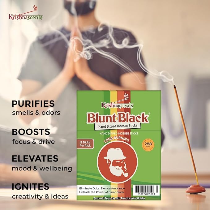 Blunt Black Hand-Dipped Incense Sticks | Premium 24 Assorted Packs - 288 Sticks, 11" Long | Aromatherapy with Long Burn Time | Free Wooden Stick Holder (Scents May Vary)