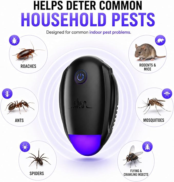 Upgraded Ultrasonic Repeller, Indoor Ultrasonic Repellent, Electronic Plug in Pest Control Device for Bugs, Mosquitoes, Roaches, Ants, Rodents, Mice, Spiders for Home, Warehouse, Garage