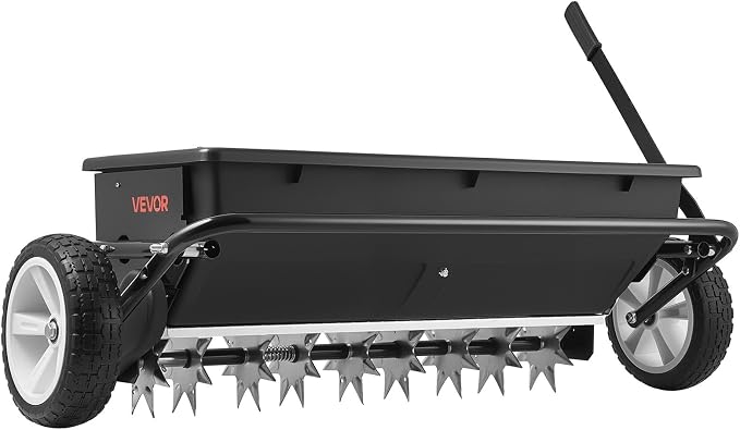 VEVOR Tow Behind Lawn Spreader with Aeration Spikes, 32 in Spreading Width, Broadcast Spreader with Universal Hitch, Garden Seeder & Soil Aerator with 100lbs Capacity & 10 in Tires for ATVs UTVs