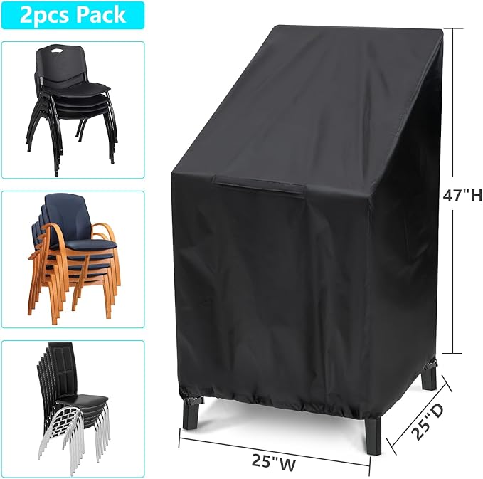 Outdoor Chair Covers, 2 Pack, 25"W x 25"D x 47"H, Waterproof, Black, Polyester Blend, Fits 4-6 Stackable Dining Chairs