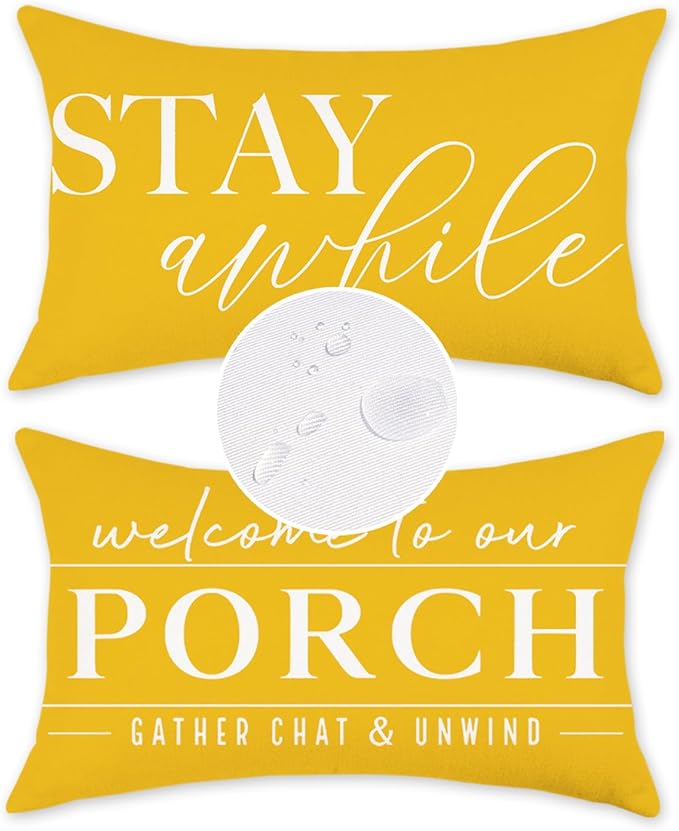 TAJWE Yellow Outdoor Pillow Covers Waterproof 12x20 Set of 2 Welcome to Our Porch Stay Awhile Cushion Cases for Patio Furniture Sofa Couch Decor