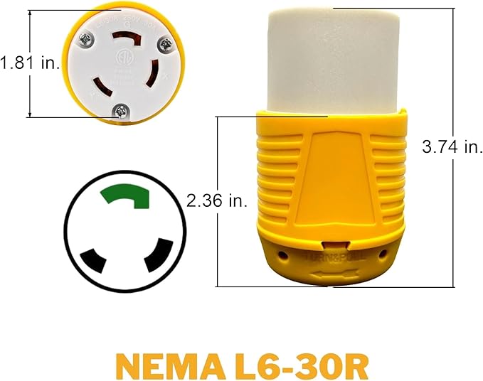 Sintron NEMA L6-30R 30 Amp Twist Lock Plug, 250 Volt 2 Pole 3 Wire, ETL Listed, Female Plug Locking Connector for Welder Generator Transfer Switches,Power Tool, Industrial Grade, Grounding 7500 Watts