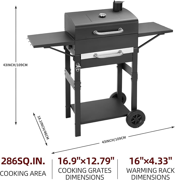 Charcoal Grills Outdoor BBQ Grill with 2 Side Table,Barbecue Grill Smoker with 343 Sq.in.Cooking Area for Outdoor Cooking Backyard Camping Picnics Beach by DNKMOR