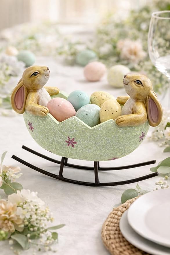 GoGnome Easter Bunny Bowl Figurine with Rocking Stand – 5.7‘’ Hand-Painted Resin Rabbit Egg Holder Spring Table Centerpiece Farmhouse Home Décor (Mint Green)
