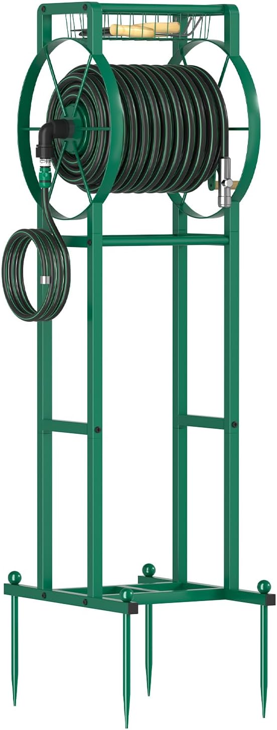 Garden Hose Reel Stand with Storage Rack - 125ft 5/8" Water Hose Organizer Holder, 4 Ground Spikes & Hooks, Universal Water Hose Adapter, Detachable Metal Frame, Green
