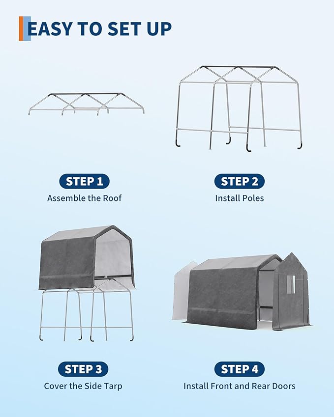 GarveeLife 7x10 ft Outdoor Portable Storage Shed with Roll-Up Door & Vent, 240G Heavy-Duty Shelter Waterproof PE Tarp, UV-Resistant Storage Sheds for Motorcycle, Firewood, Garden and Tools -Gray