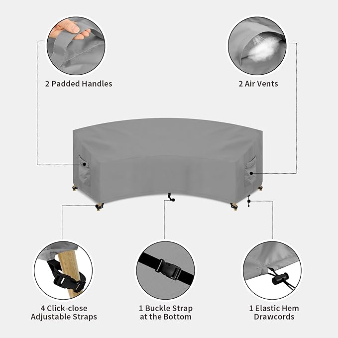PureFit Outdoor Sectional Sofa Cover Waterproof Curved Patio Furniture Covers for Deck, Lawn and Backyard, 90Lx34Dx32Hx46FL, Grey