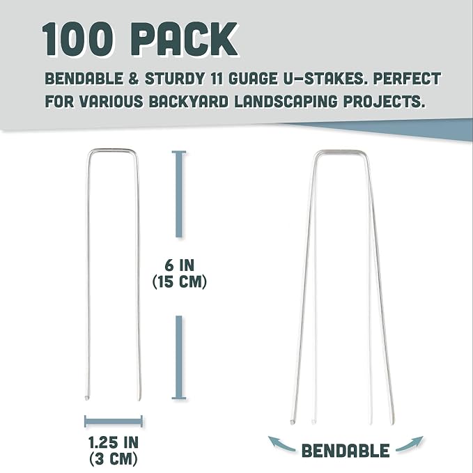 Squirrel Products Galvanized Steel Redrawn Garden Stakes, 6 Inch Lawn Staples, 11 Gauge Stakes, 2.9mm 15x2.5x15cm – 100 Pack