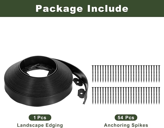 uxcell Landscape Edging, 1Pcs 60FT x 2" - Garden Edging Kit with 54 Stakes, Landscape Edging Border for Garden Lawn Flower Bed Yard Grass (Black)