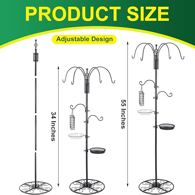 MorningRo Adjustable Shepherd Hook Stand, 34"- 55" Black Iron Shepherd Hook with Base for Plant Hanging, Wind Chime & Bird Feeder - Outdoor Garden Porch Decoration(Elegant Style)