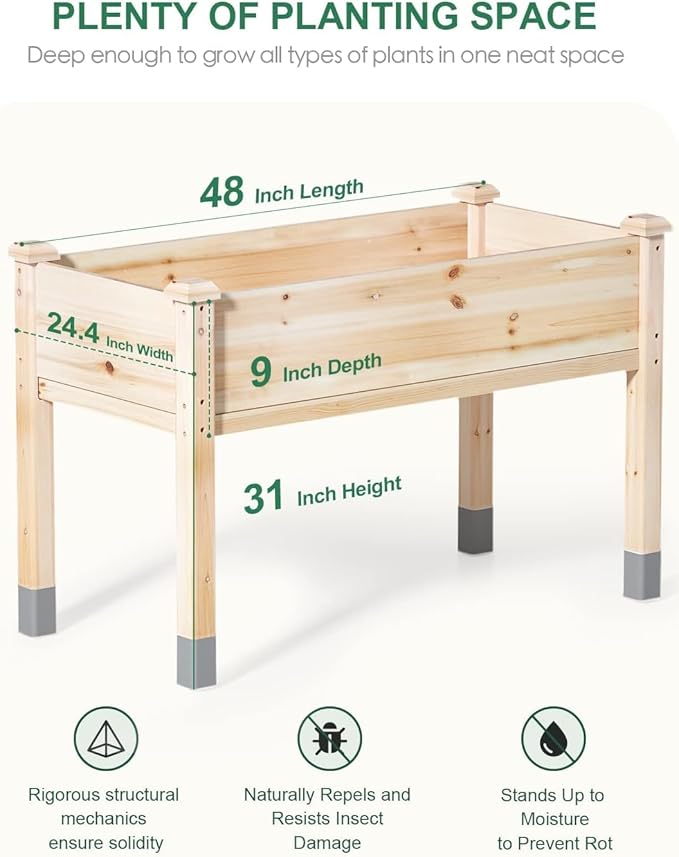 MIXC 331 lb Capacity Wooden Raised Garden Bed with Legs, 48x24x31 in. Elevated Reinforced Large Planter Box for Vegetable Flower Herb Outdoors - Beam and Column Structure - Unmatched Strength Outlast