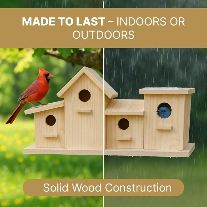 23 Bees 4 Hole Bird House for Outdoors/Indoors, Hanging Kit for Kids & Adults, Decorative Feeder for Bluebirds, Wrens & Chickadees, All-Weather Home Decoration (Wood, 4 Houses)