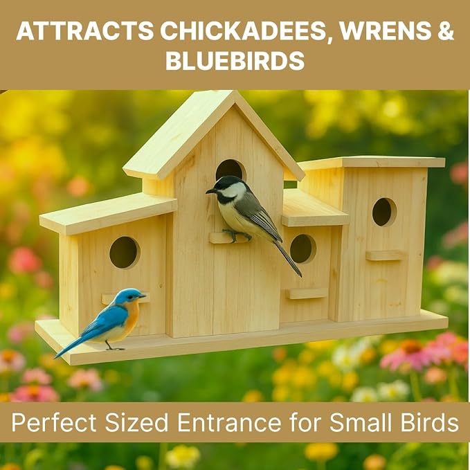 23 Bees 4 Hole Bird House for Outdoors/Indoors, Hanging Kit for Kids & Adults, Decorative Feeder for Bluebirds, Wrens & Chickadees, All-Weather Home Decoration (Wood, 4 Houses)