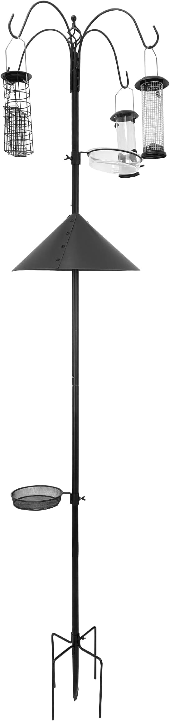 EasyGo Product Squirrel Proof Bird Feeder Wild Bird Station - Powder Coated 81 Inch Steel Pole Squirrel Baffle 4 Bird Feeders 1 Squirrel Peanut Feeder - 5 Prong Base PATENTS PENDING