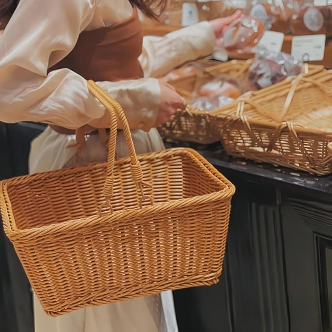 Picnic Basket, Garden Harvest Basket, Wicker Shopping Baskets with Foldable Handles, Reusable Handwoven Market Baskets for Carrying Shopping Storage Gathering (Brown, Rectangle)