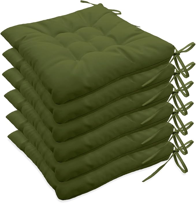 Outdoor Indoor Tufted Chair Cushions, Seat Cushions with Ties, Chair Pads Waterproof for Porch Kitchen Office Garden Olive Green 16" x 16", Set of 6