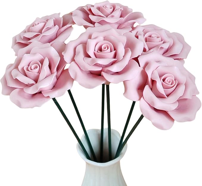 Handmade Porcelain 3D Ceramic Rose Flower, Eternal Flower Decoration for Home Office Decor, Creative Desktop vases, Porcelain Decorations, Exquisite, Set of 6 (Pink)