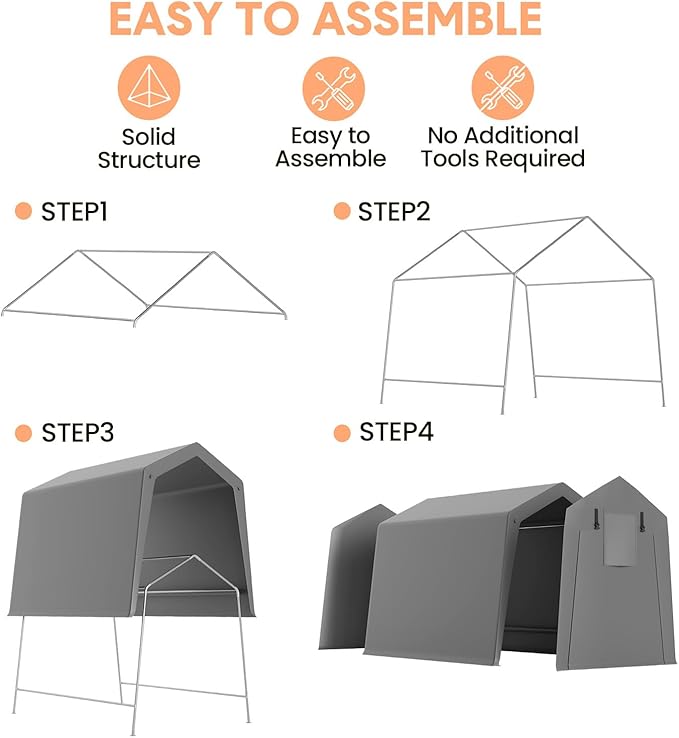 Portable Carport Storage Shed, 6' x 6' Motorcycle Tent, Waterproof & UV-Resistant with Roll-Up Zipper Doors, Gray Outdoor Shelter for Bikes, Tools & Equipment