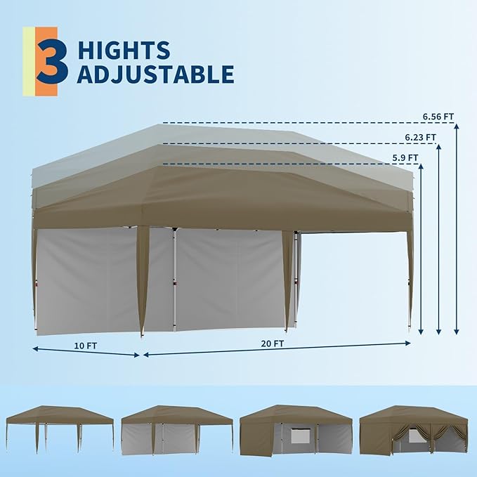 10'X20' Commercial Gazebo Pop-Up Canopy Tent, 5-Minute Setup No Tools Needed, 2 Sidewalls, 8 Stakes & 6 Sandbags, 210D Oxford UV Protection with Roller Bag for Farmers' Market, Wedding, Parties