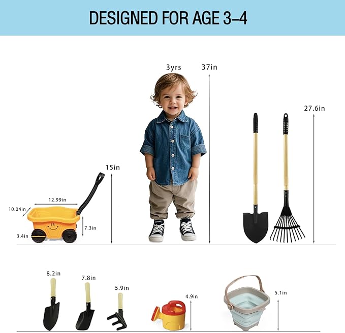 Todders Wheelbarrow Gardening Set, Kids Rake and Shovel Set for Dirt Digging, Garden Tools Equipment for Yard Outdoor Sandbox Summer Toys Gifts for Ages 2-5 Years