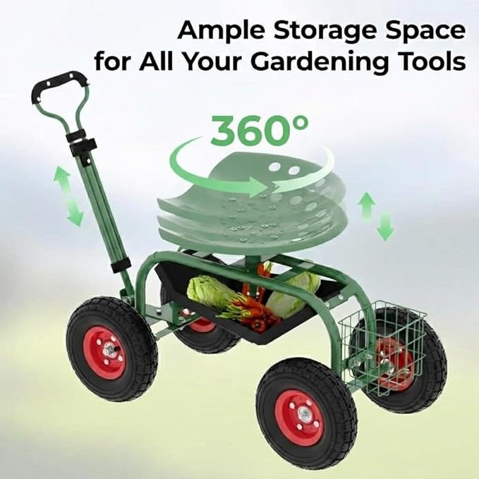 Garvee Garden Cart Rolling Workseat with Wheels, Gardening Stool for Planting, 360 Degree Swivel Seat with Steering Handle & Utility Tool Tray, Use for Patio, Yard, and Outdoors, Green