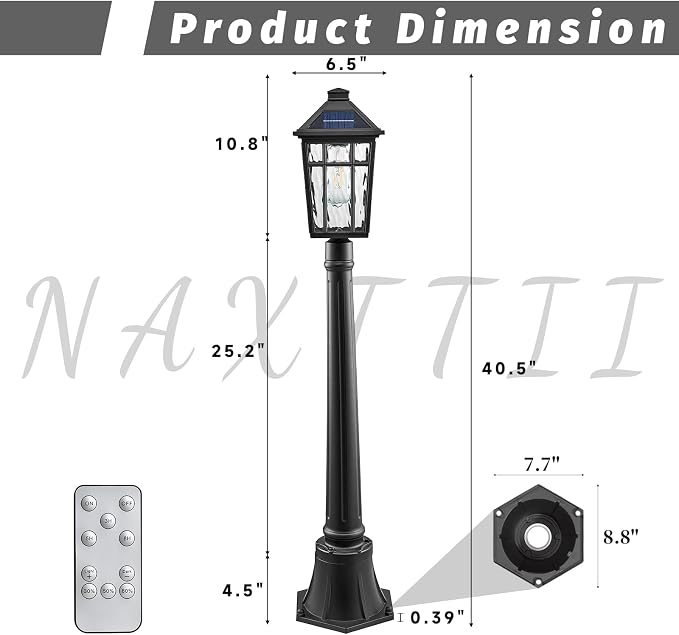 Solar Lamp Post Light 40.5 Inch Lamp Post Outdoor Lighting Waterproof Aluminum Material with Water Ripple Glass Black Solar Pillar Lights for Garden Lawn and Pathway