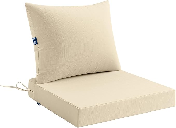 MIULEE Beige Outdoor Seat Cushion Set 24x24 Inch Linen Textured Waterproof & 3 Year Color Fastness Seat and Back Cushion with Ties No Slip Design for Patio Furniture Chair Sofa Couch