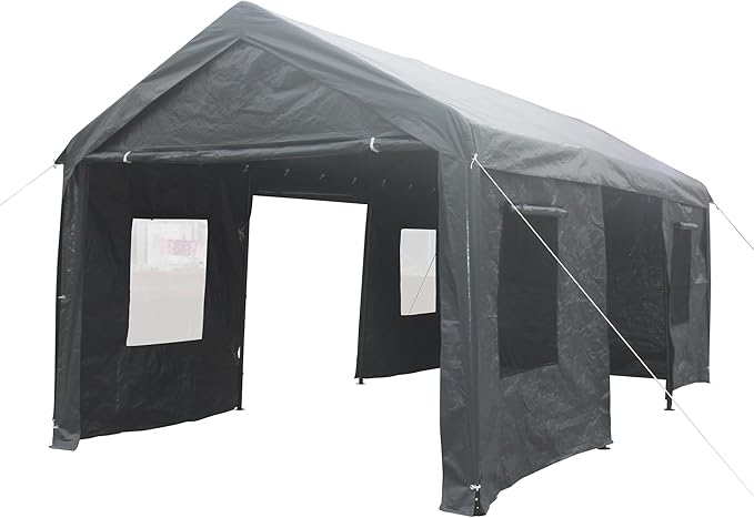 12x20 ft Heavy Duty Outdoor Portable Ventilated Canopy Carports, Garage Car Shelter with Removable Doors and Sidewalls, Grey