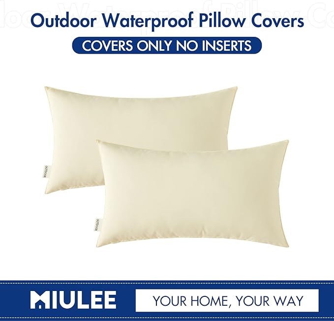 MIULEE Pack of 2 Decorative Outdoor Waterproof Pillow Covers Rectangular Garden Cushion Sham Throw Pillowcase Summer Shell for Patio Tent Couch 12x20 Inch Beige