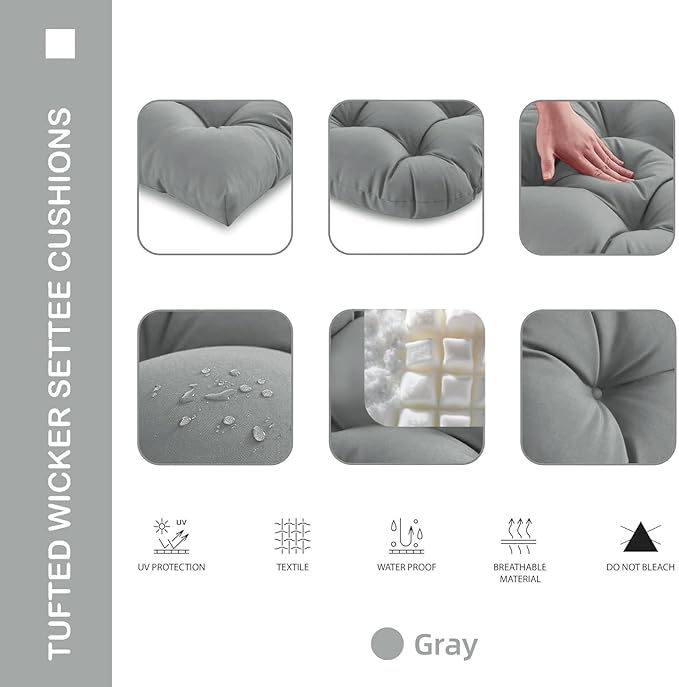 Outdoor Chair Cushions Set of 2, 19x19x4 Inch Seat Pads with Ties for Patio Wicker Chairs Garden Dining Chair, Indoor Outside Use, Fade-Resistant & Waterproof, Light Gray