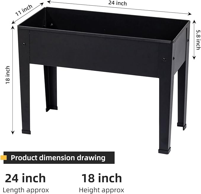Raised Garden Bed, Elevated Planter Black Metal Plant Box with Legs Standing Garden Stand Drainage Holes Black(24" L x 11" W x 18" H)