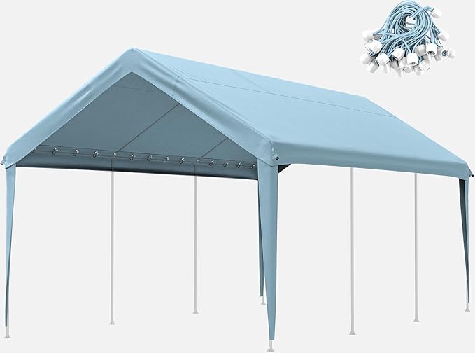 10 X 20 Ft Canopy Replacement Cover Heavy Duty Waterproof UV & Tear Resistant Car Tarp Canopy Tent Garage Top Shelter Oxford Cover with Ball Bungees (Frame is Not Included)