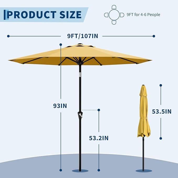 GarveeLife 9FT Umbrella Outdoor Patio, Table Umbrella with Push Button Tilt and Crank, 8 Sturdy Ribs Waterproof UV Protection for Garden, Pool, Deck, Backyard, Market (Yellow)