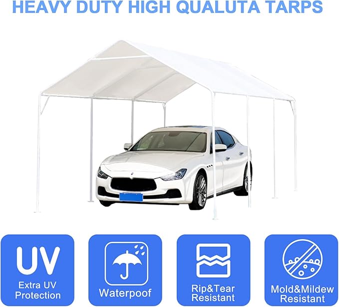 10 x 20 Ft Heavy Duty Carport Replacement Canopy Waterproof UV Protected Garage Top Shelter Tarp Tent Cover with 44 Ball Bungees Cords, Only Top Cover, White