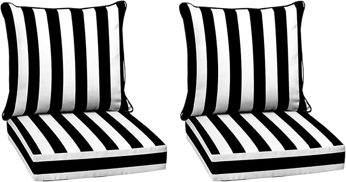 Arden Outdoor Deep Seat Cushion Set (2-Pack), 24 in x 24 in, Weather-Proof, Rain-Proof, Fade Resistant Patio Cushion for Chair, Sofa, and Couch Black Cabana Stripe