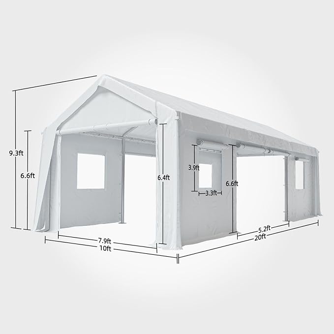 10x20FT Portable Garage, 10'x20' Carport Heavy Duty, Galvanized Frame & 180 g PE Waterproof Canopy, with 4 Doors (Included 2 Side Doors), and 4 Windows, for Pickup Truck, and Boat